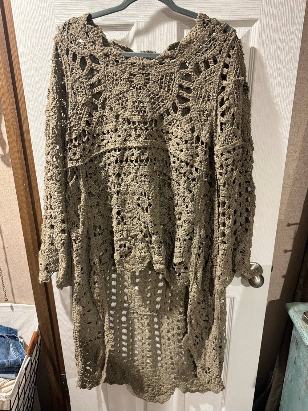 POL Olive Green Crochet Openwork Duster